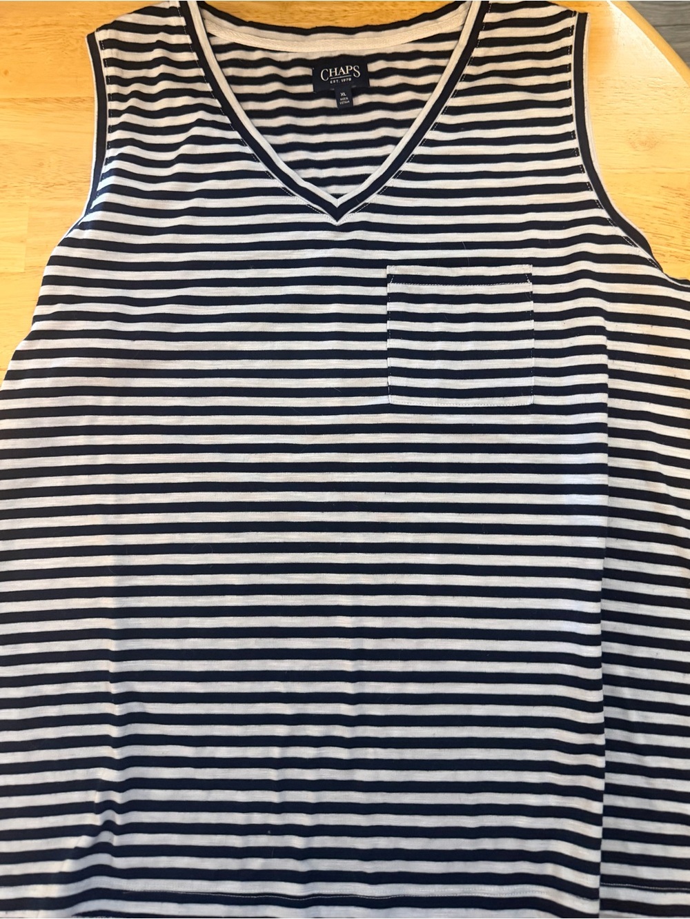 Chaps Navy and White Striped V-Neck Tank